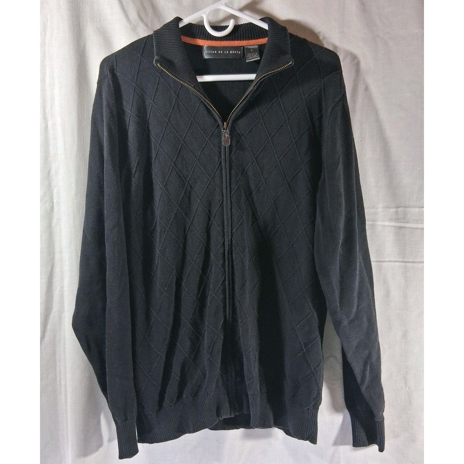Vtg Oscar De La Renta Luxury Black 100% Cotton Argyle Knit Quarter Zip Sweater M